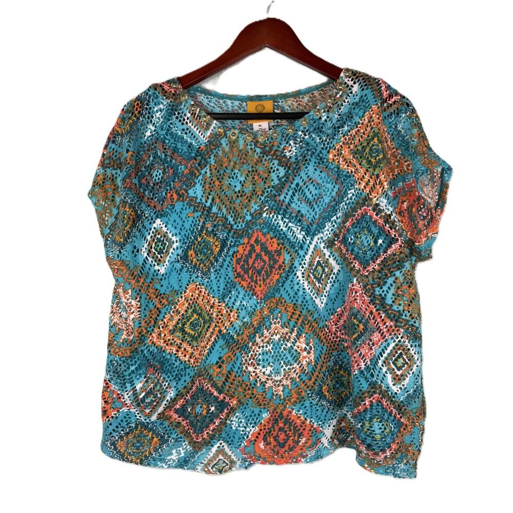 Boho Style Tribal Print Short Sleeve Top PL Colorful Aztec Print Layered Top